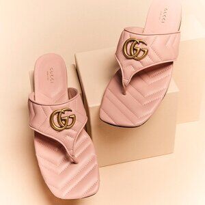 Gucci Marmont GG  Padded Chevron Matelasse Leather Thong Flat Sandals Shoes